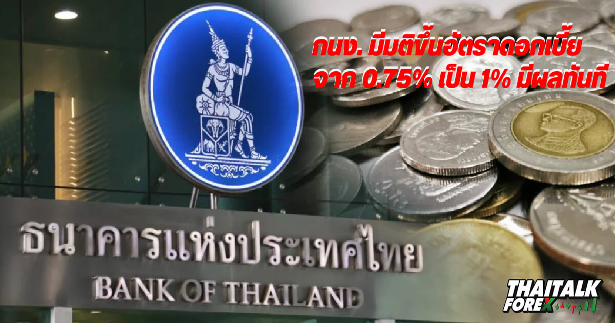 กนง.มีมติขึ้นดอกเบี้ย 0.75% เป็น 1% มีผลทันที
